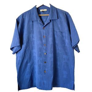 Tommy Bahama Blue Silk Palm Tree Button-Up Shirt Short Sleeve Size XL